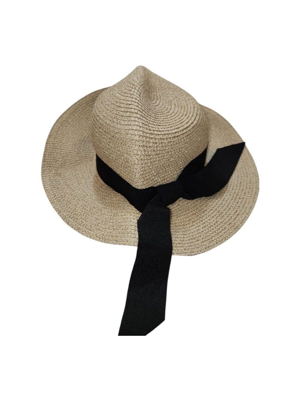 FURTALK Beige Straw Hat Size L Woven Black Ribbon